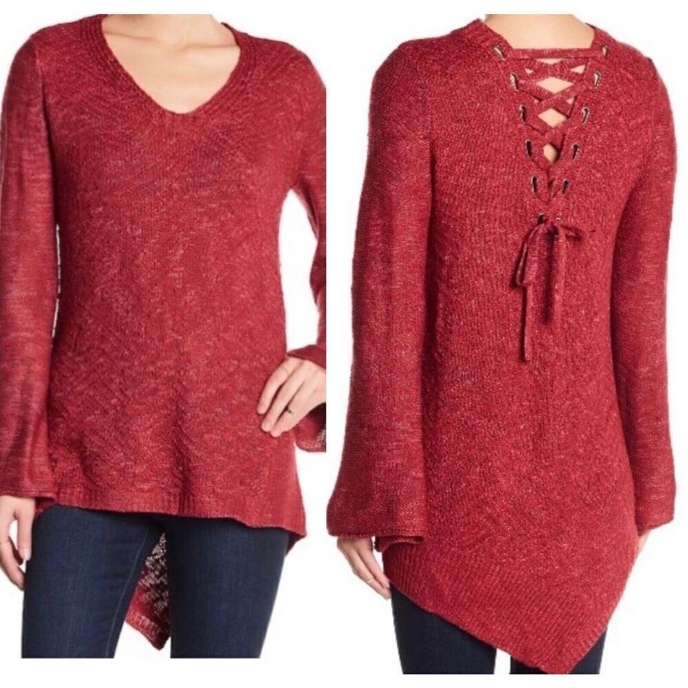 NWT Womens Democracy Berry Back Lace Up Asymmetrical Bell Sleeve Knot Sweater S